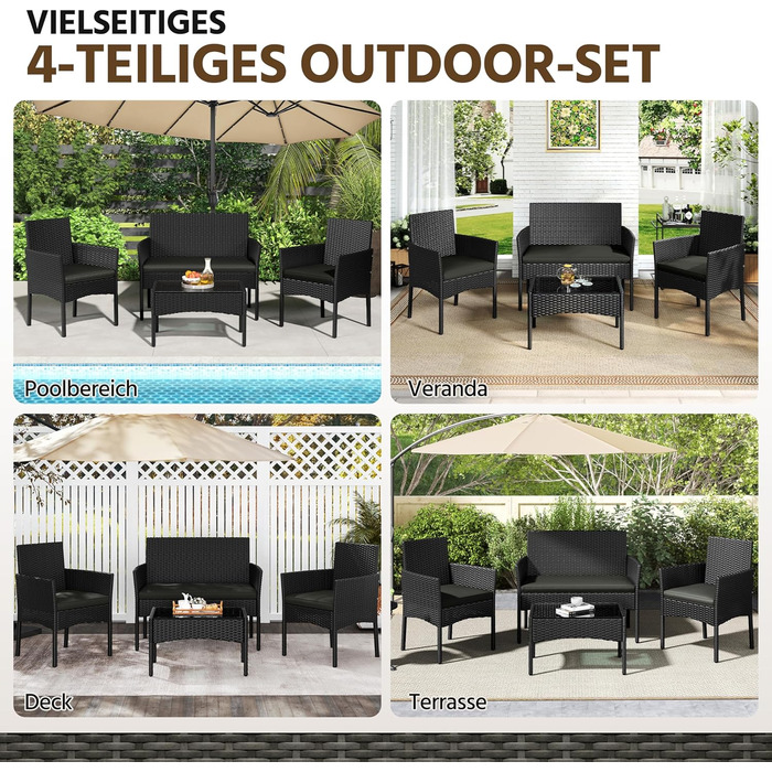 Набір садово-розплідницьких меблів Yaheetech на 4 особи з ротангу для тераси/балкону/саду (софа 2 місця, 2 стільці, стіл, подушки)