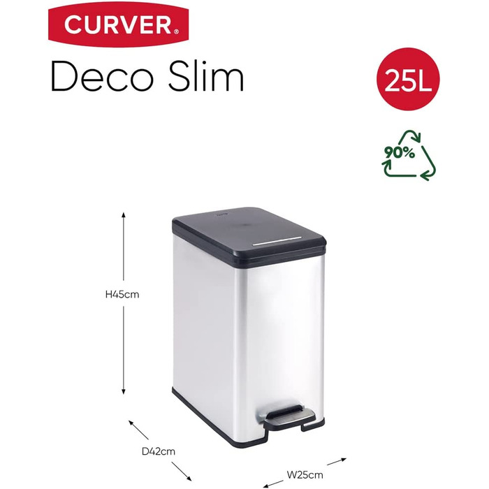 Тонка пластикова корзина для сміття Curver Deco об'ємом 40 л (39 х 25 х 45 см, чорний / сріблястий металік)