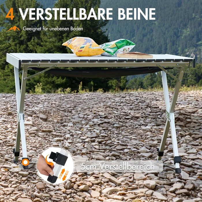 Складаний кемпінговий стіл PORTAL з регулюванням висоти, алюмінієвий, 108 x 71 см, легкий стіл для пікніка, саду та подорожей (Сріблястий)