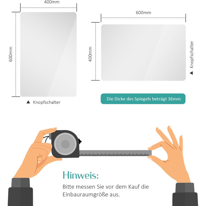 Дзеркало для ванної кімнати EMKE з підсвічуванням 40x60 см, антизапар, 2 кольори світла (тепле/холодне), вимикач-рейка, IP44, енергозберігаюче, захищене від вибуху