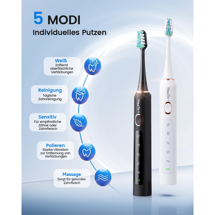 Електрична зубна щітка для дорослих та дітей - звукова, 8 насадок (3 типи), 90 днів роботи, 5 режимів, 50000 VPM, кейс для подорожей, таймер (Чорний + Білий)