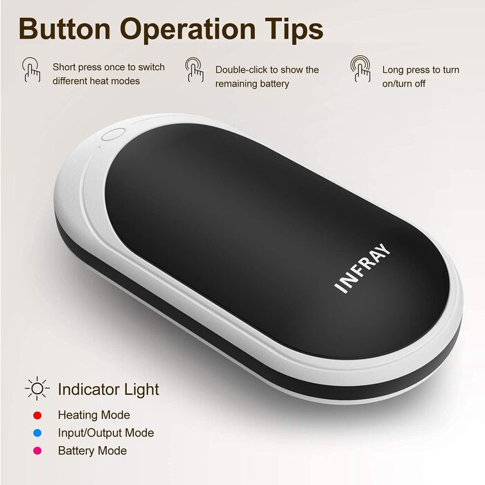 Infray грілка для рук USB, 5200mAh Power Bank, електрична грілка для рук з двостороннім нагрівом, чорна - ідеальний подарунок на зиму