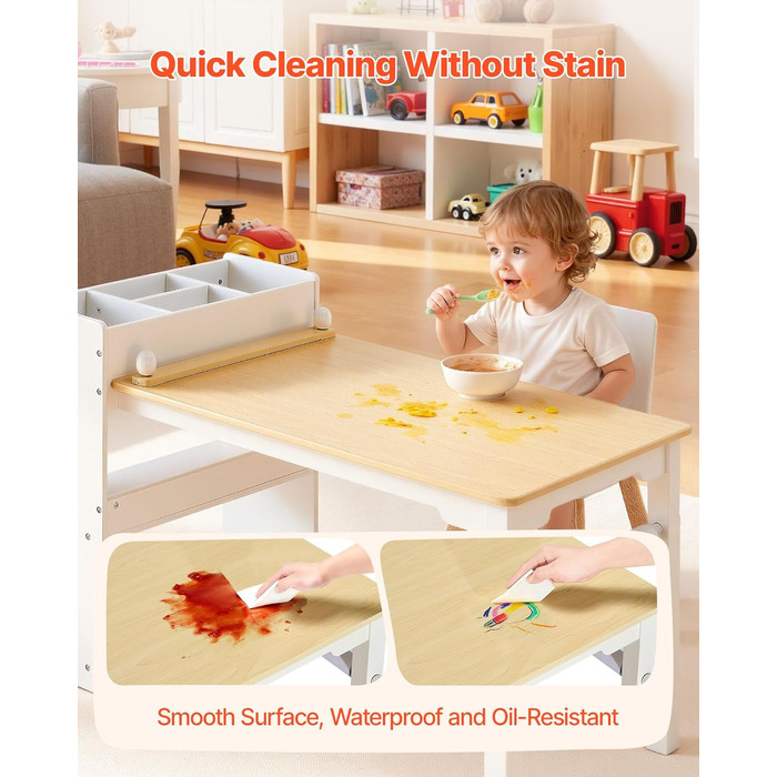Дитячий стіл VEVOR з 2 стільцями та шафкою 3 ящики, набір для малювання, читання, письма, ігор, дитяча кімната, дитячий садок, білий + натуральне дерево, сучасний дизайн