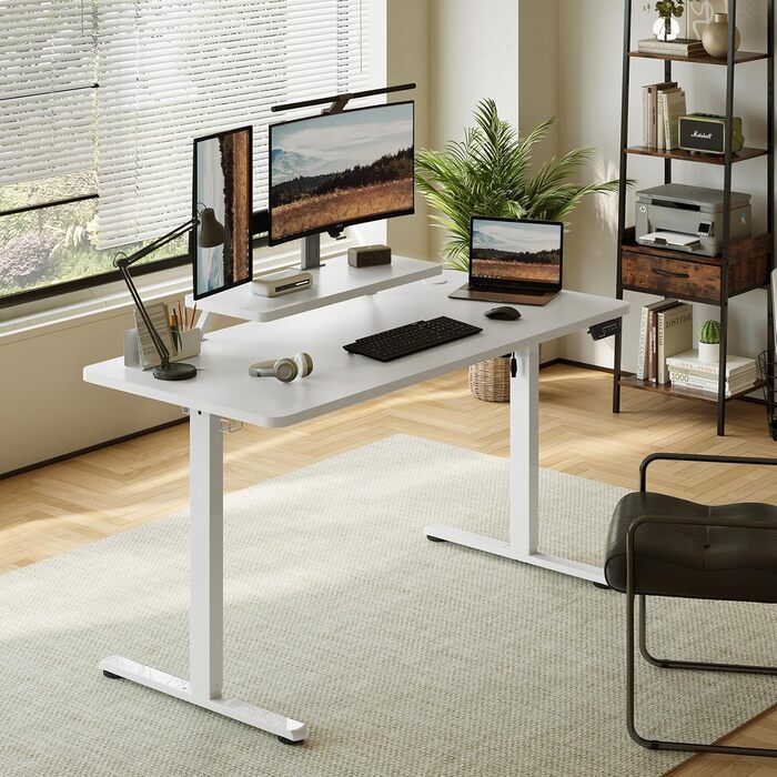 Регульований стіл Sweetcrispy з підставкою для монітора, електричний, ергономічний, стоячи/сидячи, комп'ютерний, vintage, білий, 120 x 60 см