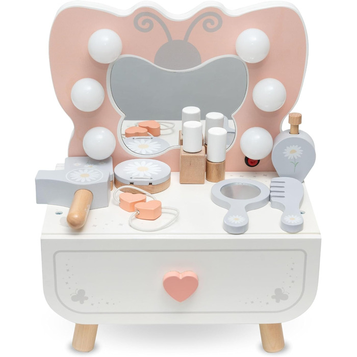 Детський туалетний столик Mamabrum XXL з дерева з пуфом та LED-дзеркалом – для дівчаток від 3 років, з ящиком та аксесуарами для макіяжу, ігровий набір та письмовий стіл (MAM242 DRESSING TAB)