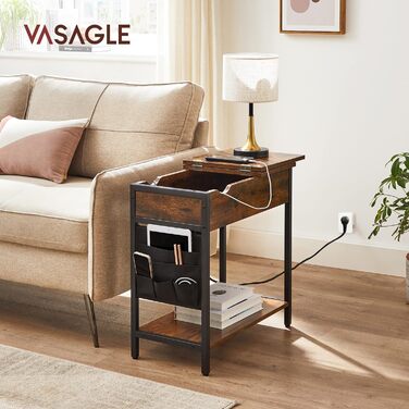 Журнальний столик VASAGLE, тумбочка з розеткою, вузька, з USB-портами, сумка, для вітальні, спальні, вінтажнийкоричнево-чорний LET3B0 (2, вінтажний коричневий чорний)