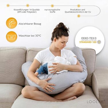 Подушка для вагітних LOOLAY - подушка для годування - подушка для сну на боці, 100% бавовна, знімний чохол, подушка для вагітних (сіра) (170 см, Сова біла)