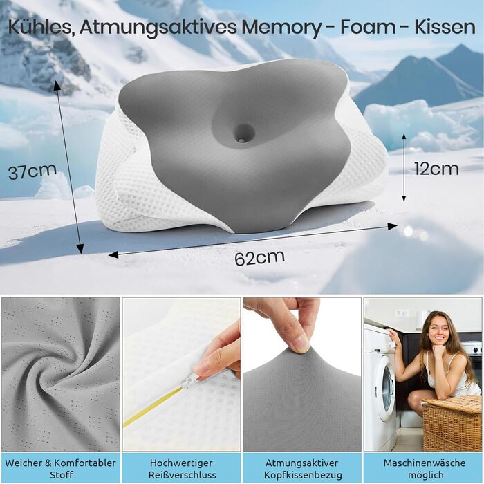 Подушка для шиї Donama з піною з пам'яті, подушка для сну на бік, спину та живіт (світло-сіра, 62 x 37 x 12 см)