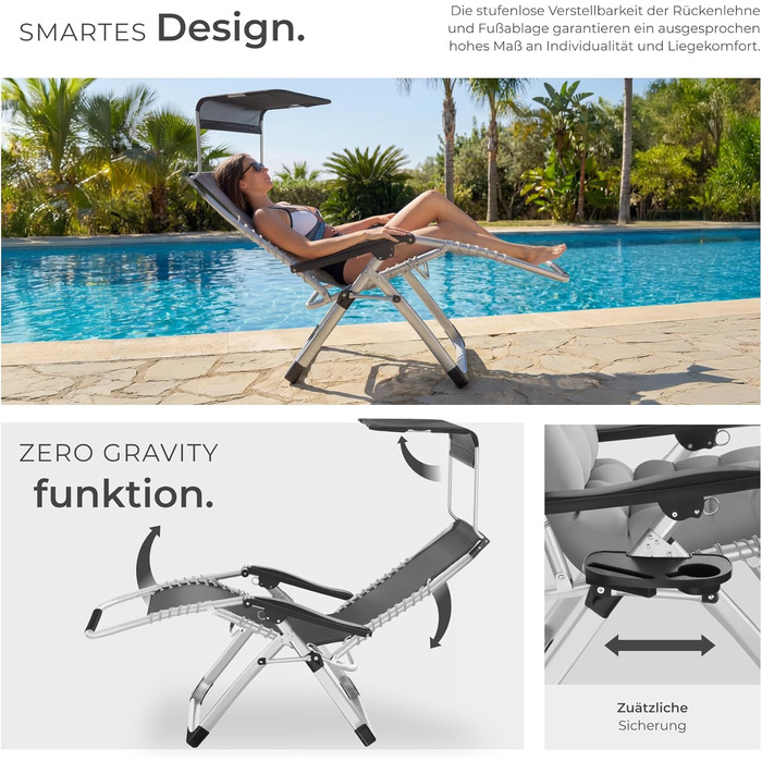 Шезлонг Tectake® розкладний з сонцезахисним дахом, для балкону та саду, місткість до 200 кг, сірий (1 шт.)