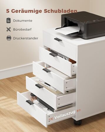 Шафа-тумбочка ELUCHANG з 5 висувними ящиками, мобільна, для офісу та дому, біла