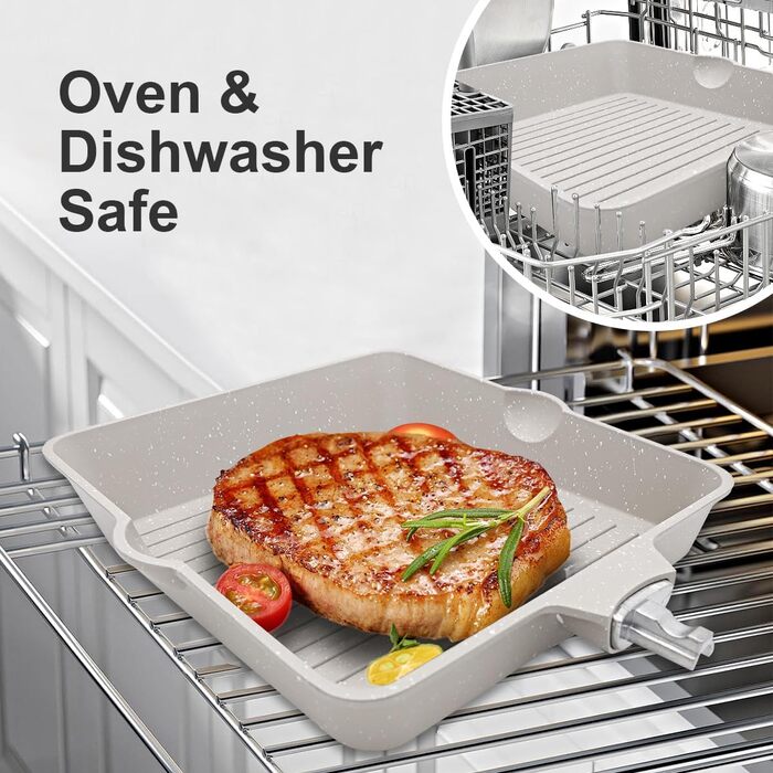 Сковорода-гриль AIKENBBKK 24x24 см з знімним ручками, антипригарне покриття, для стейків, сумісна з духовкою, миється в посудомийній машині (біла)