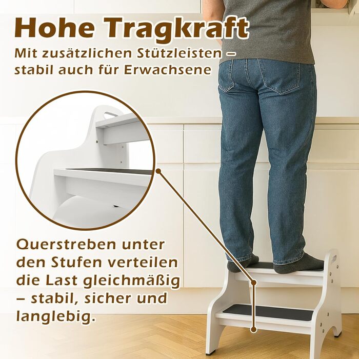 Дерев'яний дитячий стільчик Tritthocker з 2 сходинками, неслизький, для ванної та кухні, скандинавський дизайн, колір: натуральний (білий)