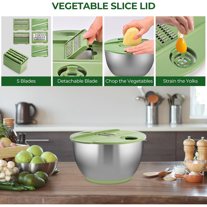 Салатниця-центрифуга з нержавіючої сталі SUSTEAS з 5 лезами, велика миска для миття овочів та фруктів, сушка для салату та зелені