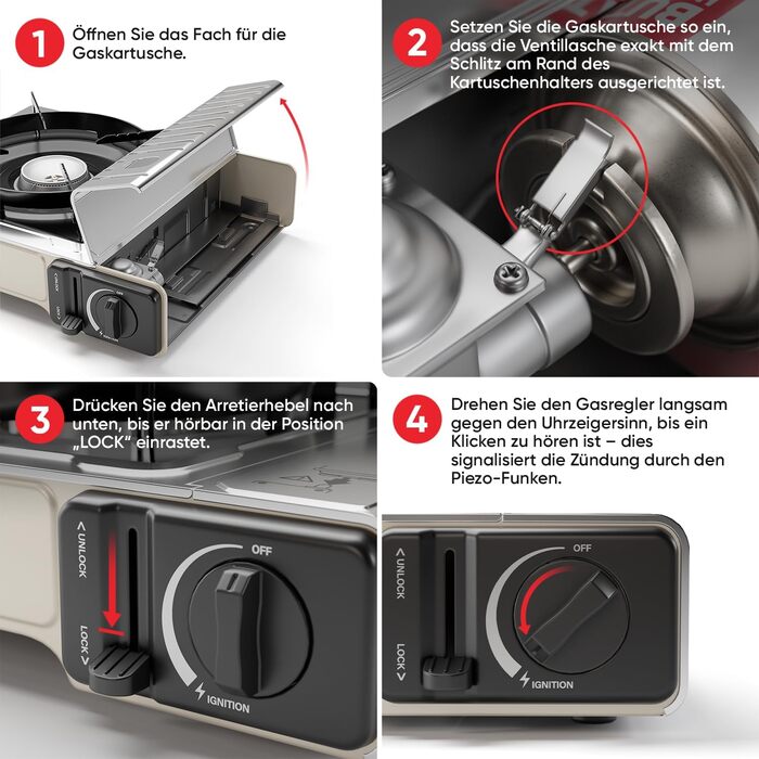 Газовий наметний газовий нагрівач Gaskocher з 1 пальником, Piezo-запалюванням та грилем BBQ 38 см, 2.2 кВт