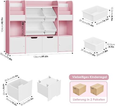 FOREHILL Дитяча полиця для іграшок та книг, стелаж для дитячої кімнати з 4 ящиками, рожевий (126x30x104 см)