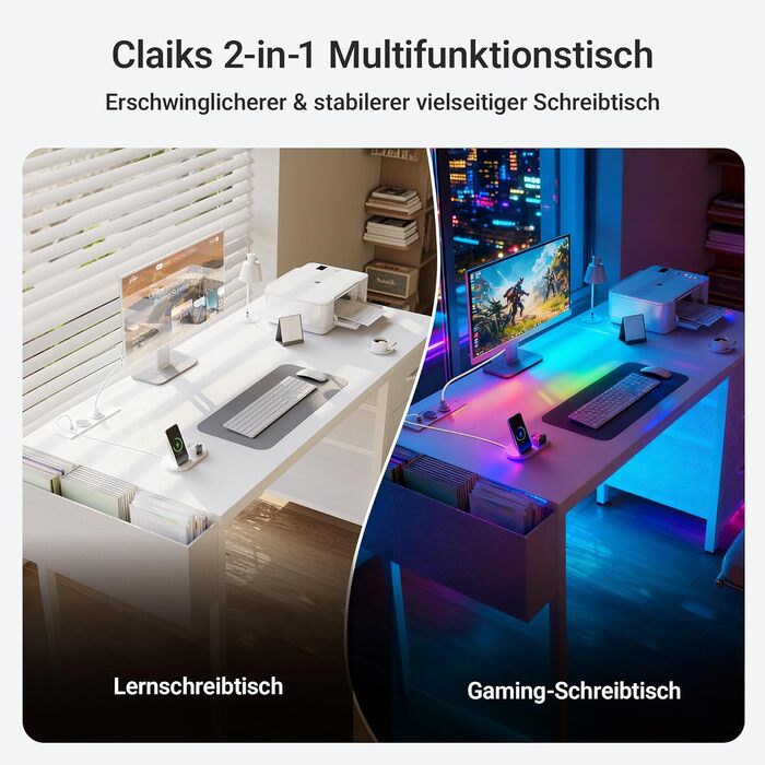 Компактний письмовий стіл Claiks з 3 ящиками, 100x60 см. Комп'ютерний стіл з розетками та USB-портами для дому та офісу