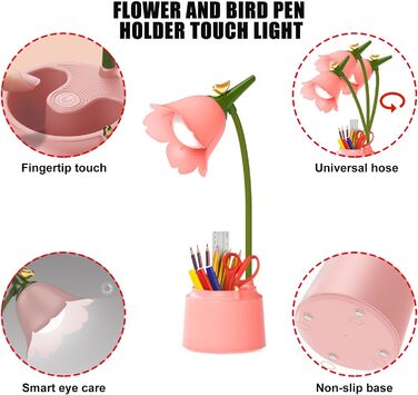 Світлодіодна настільна лампа з регулюванням яскравості для дітей, 3 колірні температури, сенсорний датчик, гнучкий кронштейн, USB, рожевий