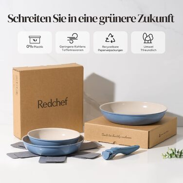 Набір сковорідок Redchef з знімними ручками, індукційні сковороди з керамічним покриттям, антипригарні, 6 предметів (20, 24, 28 см), економія місця, без PTFE, PFOA та PFAS (блакитні)