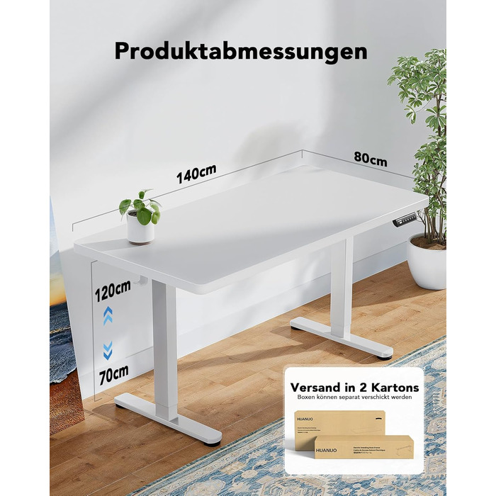 Електричний регульований стіл HUANUO 140x80 см, білий, з безщітковим мотором