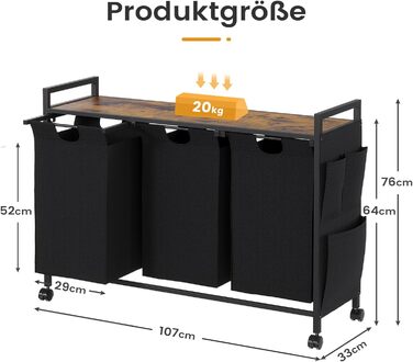 Кошик для білизни KIMENICH з кришкою, рулони, гачок, висувний, знімний, 2x46л, 3 відділення, чорний