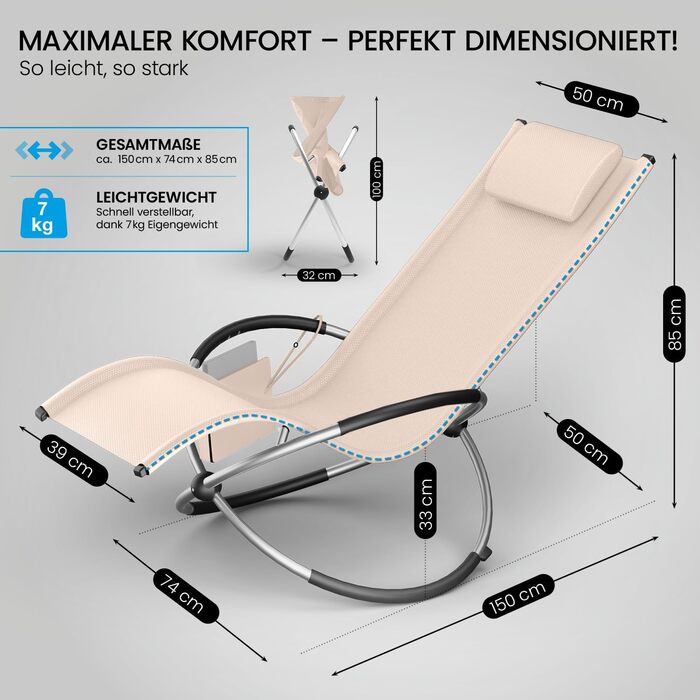 Крісло-гойдалка ELONEO для вулиці з кишенею, розслаблююче крісло до 180 кг, стійке до погодних умов, шезлонг для саду та балкону (з подушкою, кремово-антрацитовий)