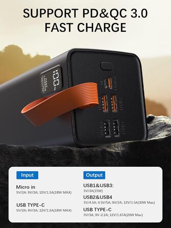 Дисплей, портативний зарядний пристрій, 80000mAh Orange, 90000mAh, PD 30W & QC 4.0, USB C, LED-