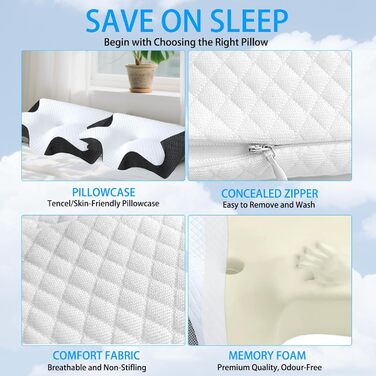 Ортопедична подушка для шиї Tbintul з Memory Foam, ергономічна подушка для сну, для тих, хто спить на боці, спині та животі, чорний/білий