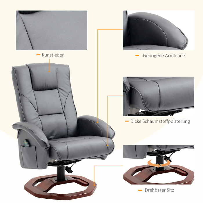 Масажне крісло HOMCOM Recliner з табуреткою Телевізор Функція відкидання на 360° з бічною кишенею Штучна шкіра 73 x 83 x 106см Темно-сірий | Аосом