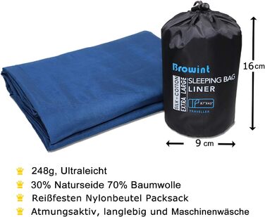 Шовковий / бавовняний спальний мішок BROWINT, дорожній спальний мішок на подвійній блискавці з відділенням для подушок, дуже широкий спальний мішок для котеджів 220 см х 110 см для гуртожитків, легкий, компактний і дихаючий, темно-синій