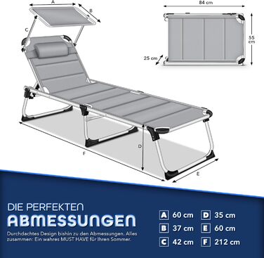 Сонячне ліжко Tillvex® з дахом та подушкою для голови | Садовий лежак, розкладний | Пляжний лежак з регульованою спинкою | Алюмінієве ліжко (з преміум-подушкою), сірий