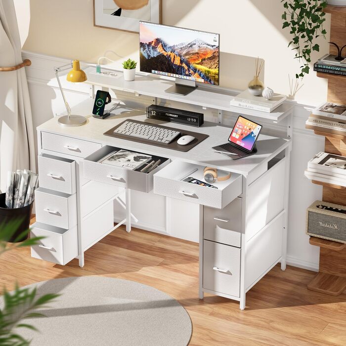 Комп'ютерний стіл з 8 висувними ящиками, 2 розетками та USB-портами, LED-підсвічуванням та підставкою для монітора, 120 x 50 x 74 см, білий