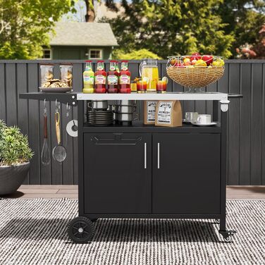 Grillwagen COSTWAY Outdoor: гриль-стіл з нержавіючою сталлю, відкидним бічним столиком, шафкою, 6 гачками та ручкою, до 100 кг, металевий столик для кемпінгу, пікніків, вечірок на відкритому повітрі, 127 x 50 x 84 см