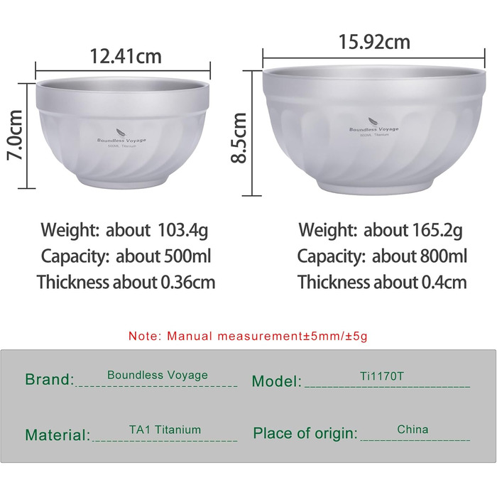 Титанові миски iBasingo з подвійними стінками 500мл та 800мл: для вівсянки, їжі, рису, супу. Легкі, портативні, металеві, для кемпінгу та подорожей