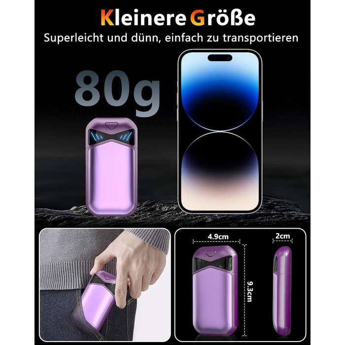 Електричні грілки для рук DDKJ 2 шт., 7000mAh, з магнітом, 3 режими нагріву до 55°C, для дітей, чоловіків, жінок, фіолетові