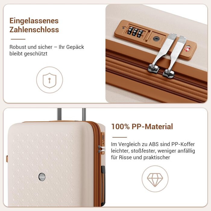 Чемодан ручної поклажі KONO з тримачем для напоїв, жорсткий, легкий, з поліпропілену, розширюваний, 4 колеса, TSA-замок, кремовий/коричневий, M