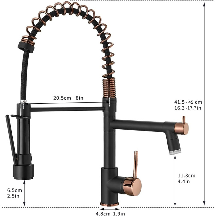 Змішувач для кухні AIMADI з душем, поворот на 360, спіральна пружина, нікель (чорний рожевий золотий світлодіод)