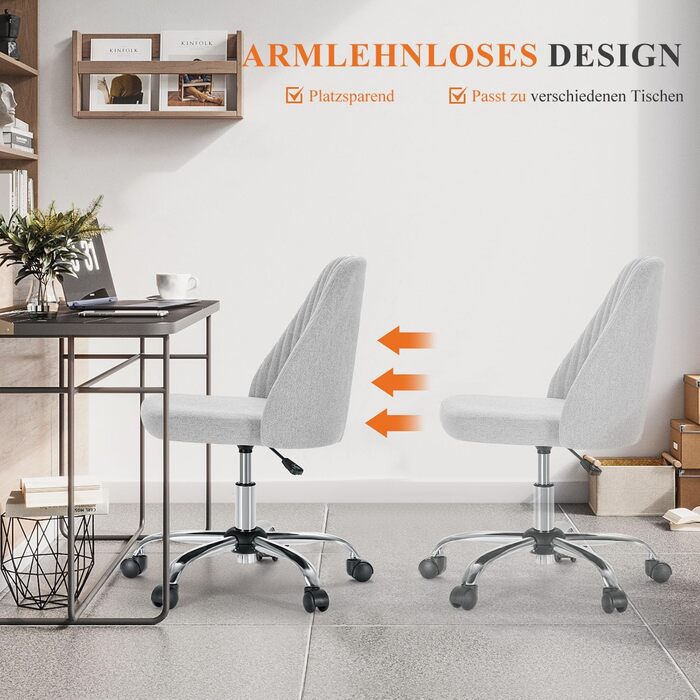 Офісний стілець Refined Living без підлокітників, комп'ютерний стілець на роликах, ергономічний стілець, вантажопідйомність до 113 кг, сірий колір