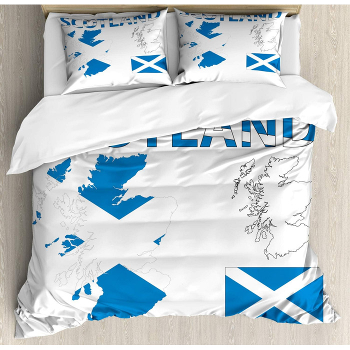 Набір підковдр Шотландія Двоспальне ліжко, карта та прапор, м'яка форма Високоякісна підковдра з 2 предметів з 1 наволочкою, (264 x 220 см - 90 x 50 см, кобальтово-блакитний білий)