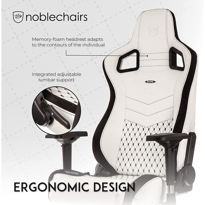 Крісло ігрове Noblechairs Epic, офісне, для роботи, PU-шкіра, з подушкою, білий/чорний