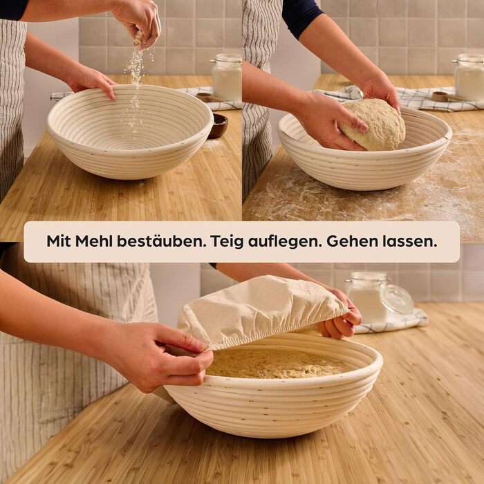 Набір для хліба Praknu: 2 кошики з ротангу, щітка, льонова вставка та мішечок для хліба (30см)