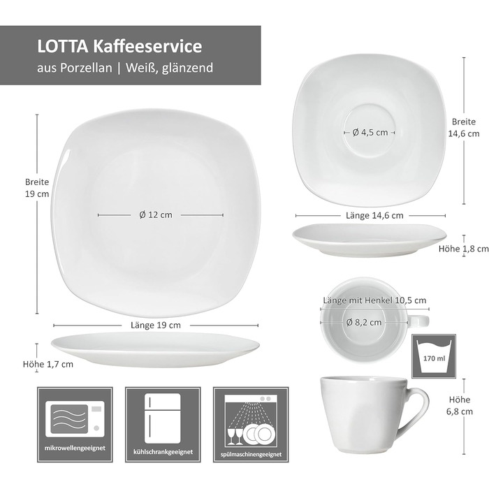 MamboCat Lotta - Комплект кавового сервісу на 6 осіб (18 предметів) | Біле порцелянове кавове сервісу | 6 чашок 170мл, 6 підстаканників, 6 тарілок | Для дому, ресторану, готелю