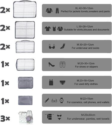 Набір органайзерів для валізи та подорожей, водонепроникні пакувальні куби для одягу, 12 шт, сірі