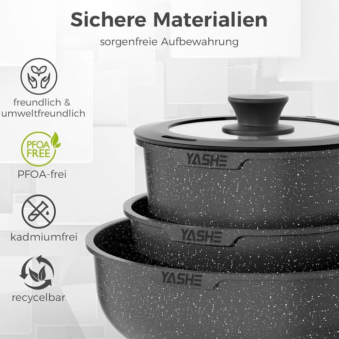 Набір каструль та сковорідок YASHE 9 шт. з антипригарним покриттям, білий (сірий), для всіх плит, знімний ручка, сумісний з духовкою, компактний, економія місця
