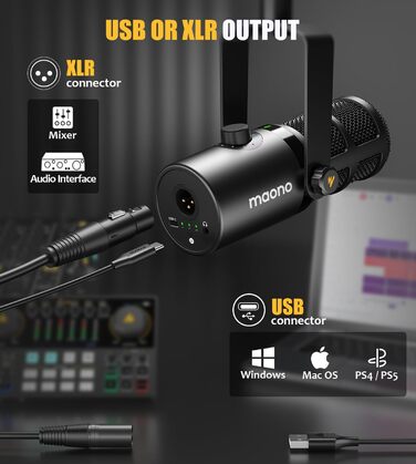 Динамічний мікрофон MAONO PD400X USB/XLR для подкастів, студії, стрімінгу, з регуляторами гучності, еквалайзером, функцією Tap-to-Mute та професійним софтом