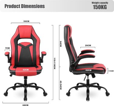 Ергономічне офісне крісло Youhauchair, регульований підголівник і підлокітники, регулювання висоти, функція гойдалки, до 150 кг (червоний/чорний, ігрове крісло)