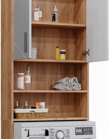 Шафа для пральної машини Vicco Irma, білий глянець/дуб, 64x190,5 см, ванна шафа над пральною машиною