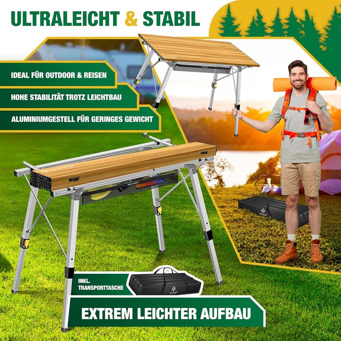 Зручний складаний столик KESSER® для кемпінгу з алюмінієвим каркасом та регулюванням висоти, 90x53 см, до 100 кг, з сумкою та сітчастою кишенею, з імітацією дерева