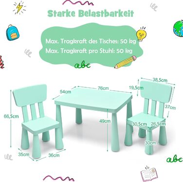 Дитячий столик та 2 стільчики DREAMADE, зелений комплект для навчання, їжі та ігор. Дитячі меблі з пластику для дівчаток та хлопчиків, 3 предмети, заокруглені кути