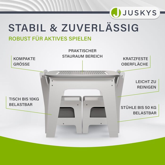 Дитяча меблева група Juskys Milou: стіл та 2 стільці - дерев'яний дитячий столик з місцем для зберігання, сірий колір