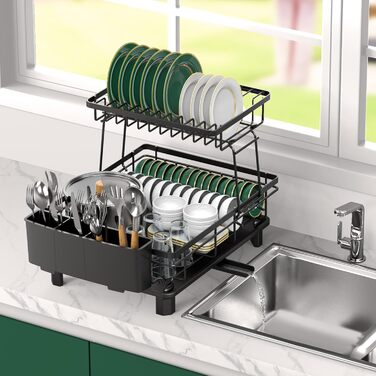 Сушарка для посуду ROTTOGOON розширювана, 2-ярусна, чорна: нержавіюча сталь, з висувним носиком та відділенням для столових приборів